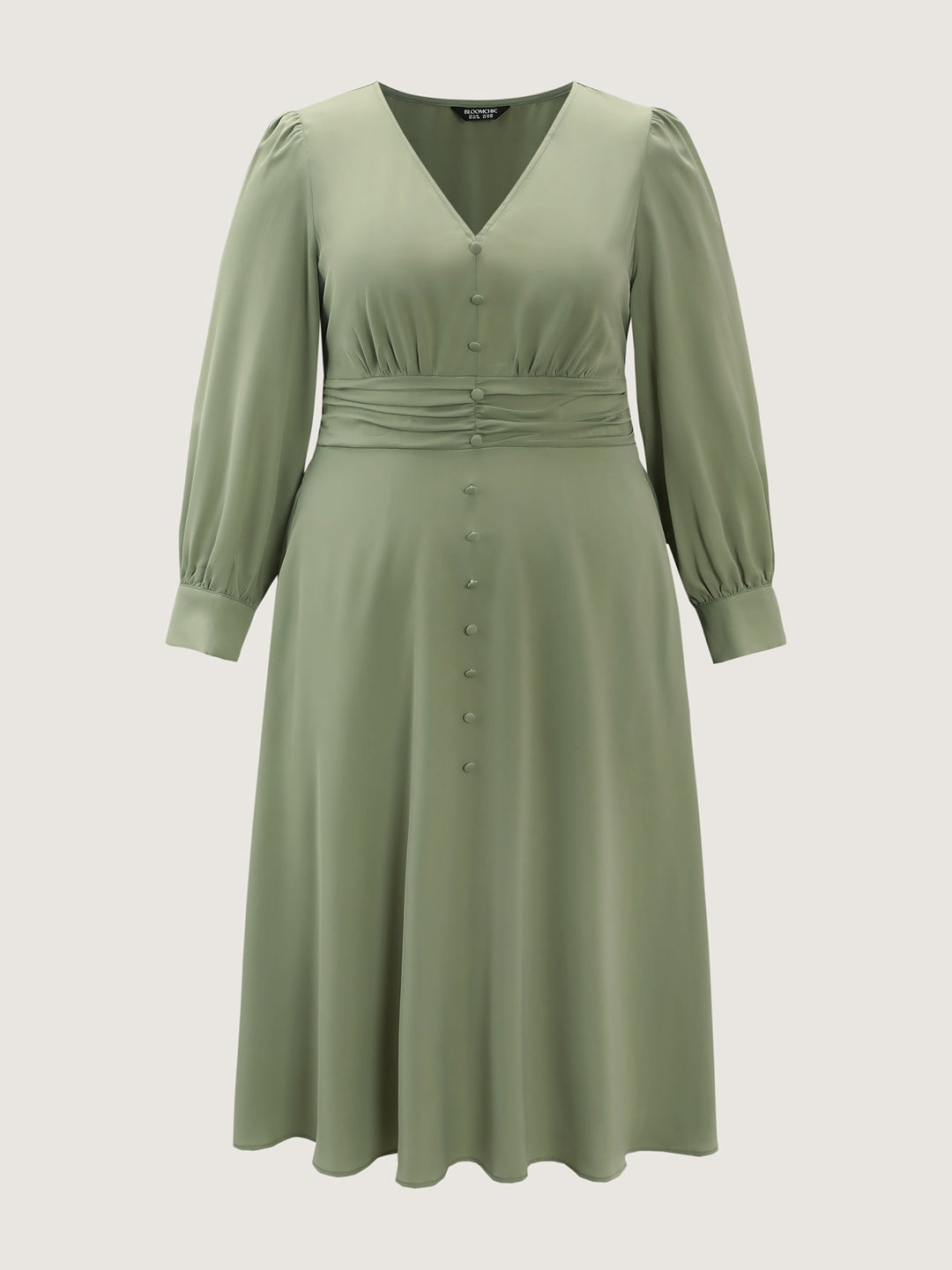 Pleated Waist Deep V-Neck Midi Dress