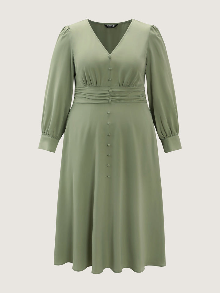 Pleated Waist Deep V-Neck Midi Dress