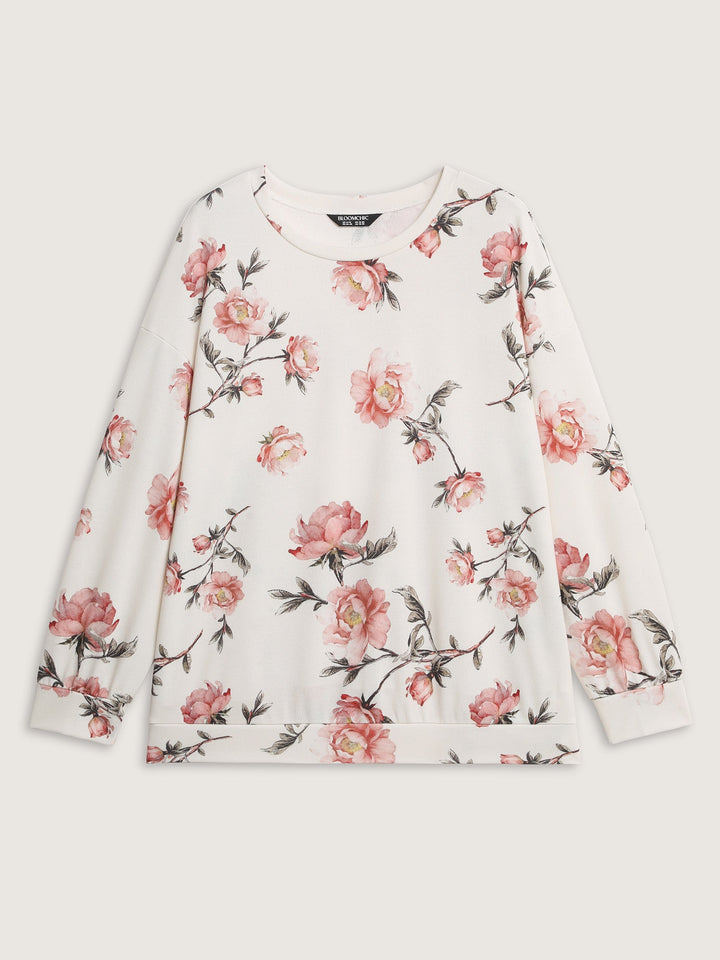 Rose Print Drop Shoulder Sweatshirt