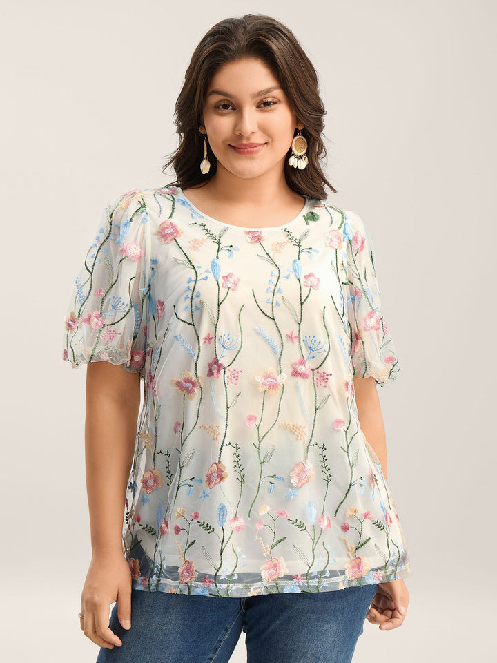 Floral Embroidered Mesh Bubble Sleeve Blouse