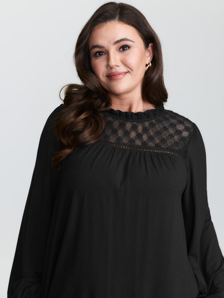 Checkered Mesh Ruffled Neckline Knit Top