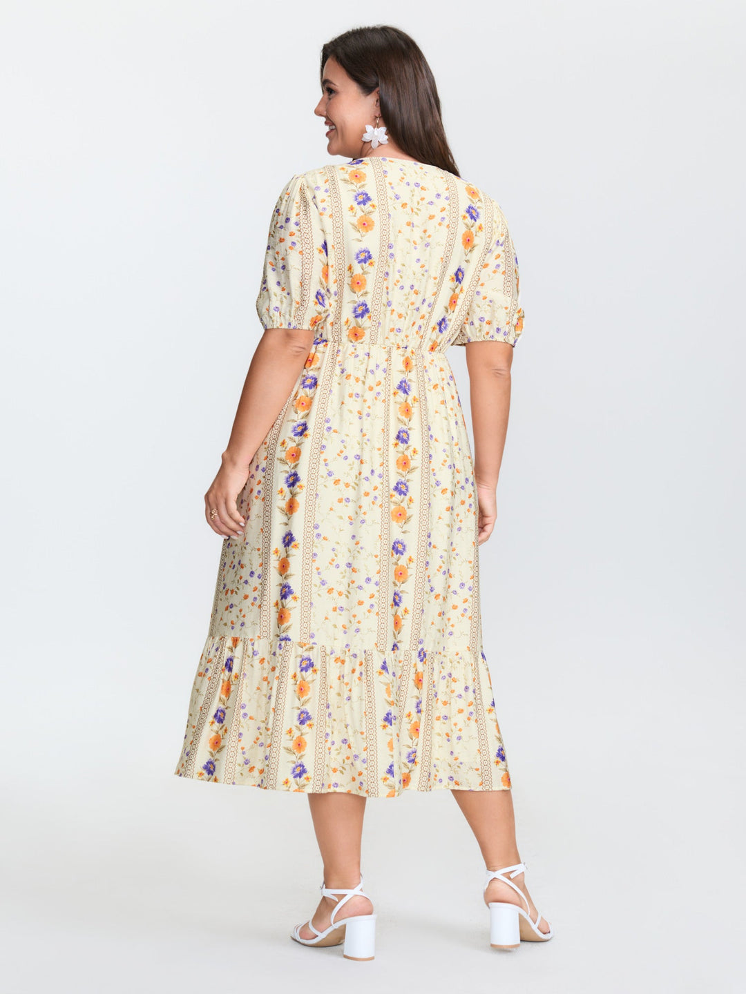 Floral Print Surplice Neck Tie Midi Dress