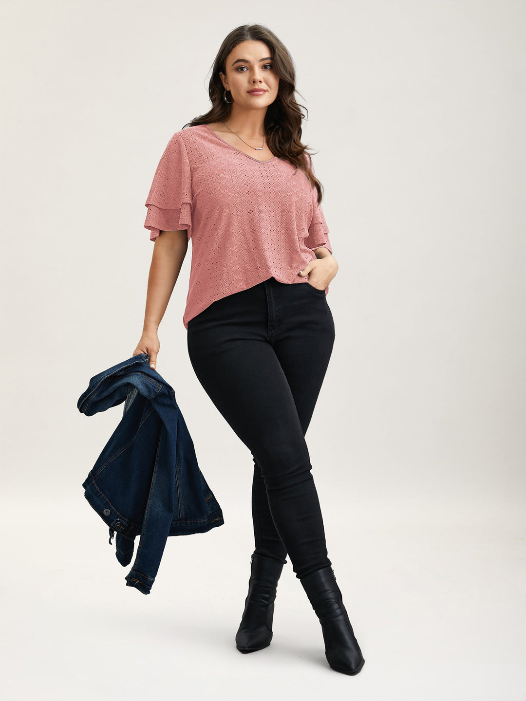 Jacquard Textured Lotus Leaf Sleeve Top