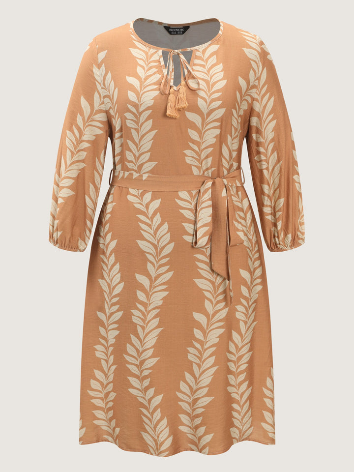 Leaf Print Waist-Tie Round Neck Midi Dress