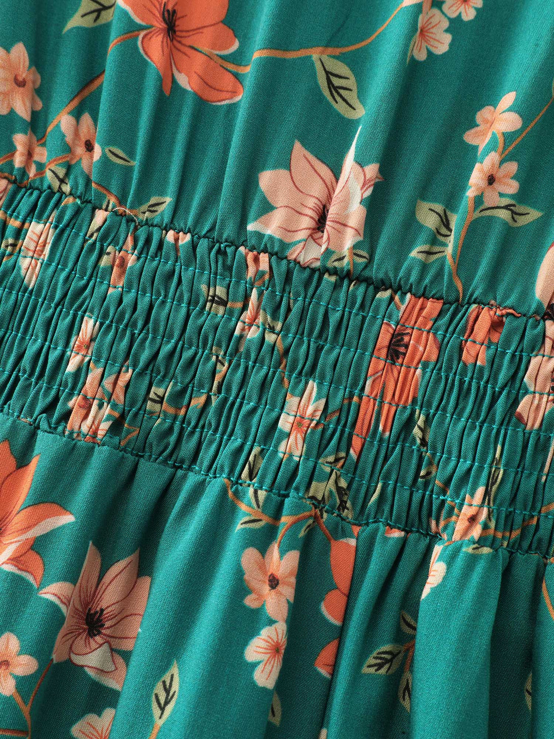 Floral Fun Lace Trim Shirred Midi Dress