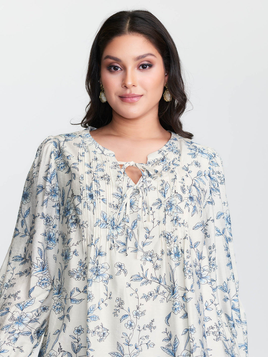 Floral Print Neckline Tie Blouse