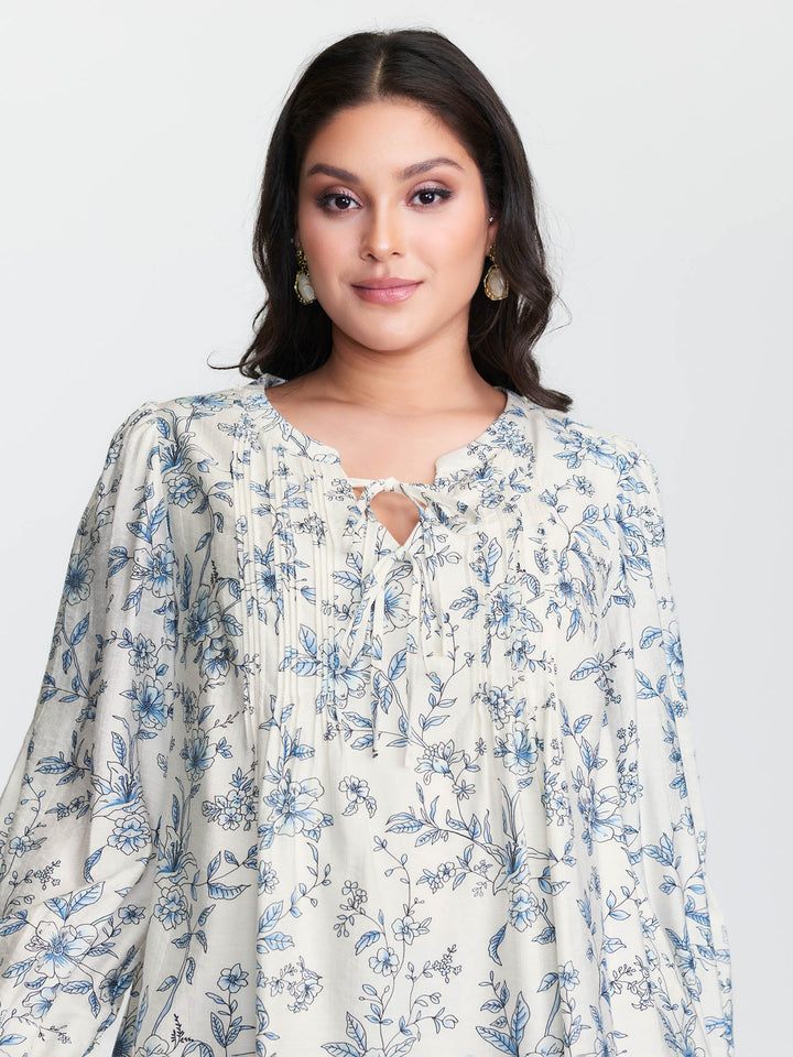Floral Print Neckline Tie Blouse