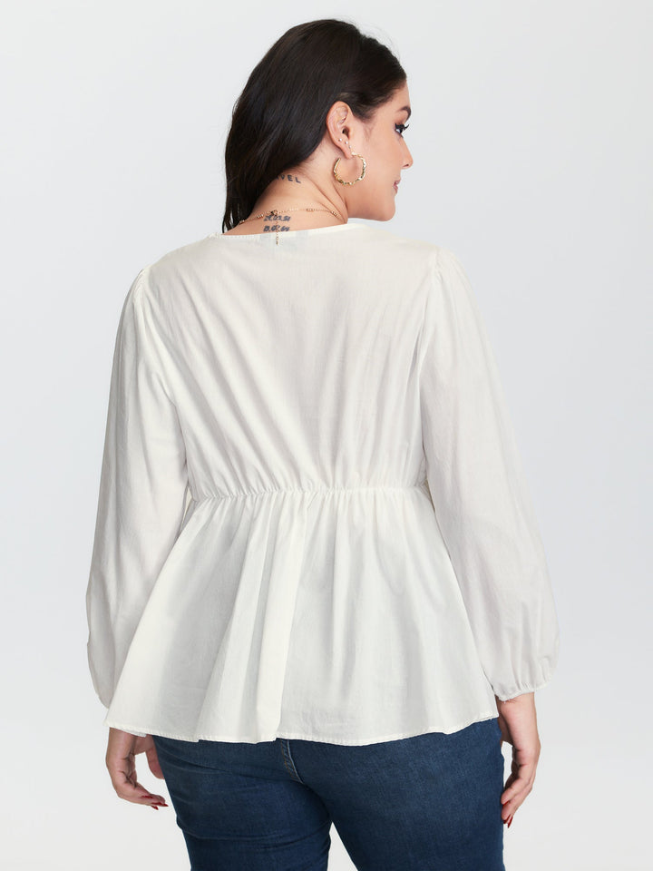 Floral Embroidered Lace Cinched Flared Blouse