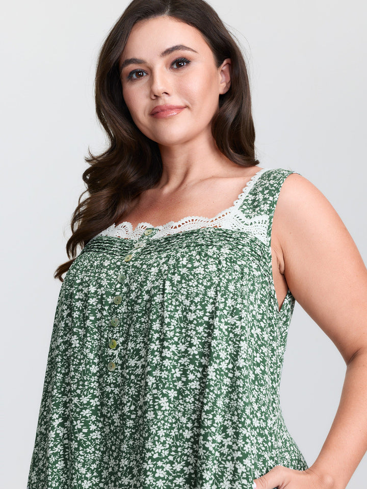 Floral Lace Trim Color Contrast Sleep Dress