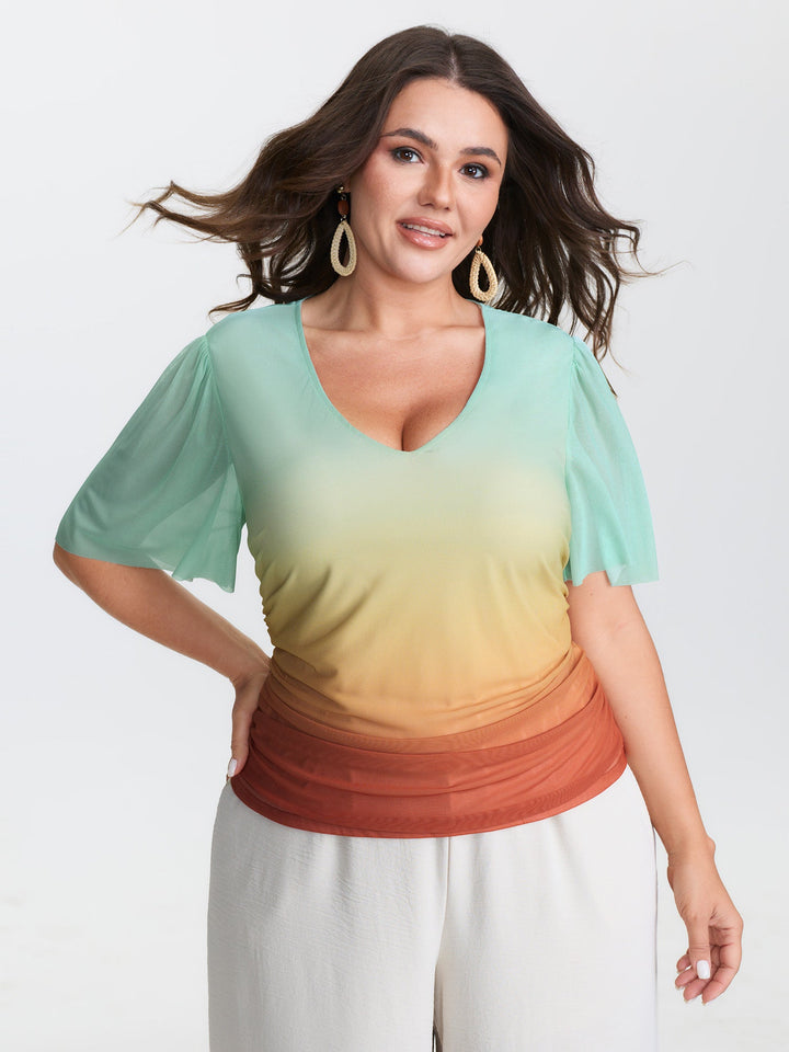 Gradient Ruched Hem Stretchy T-Shirt