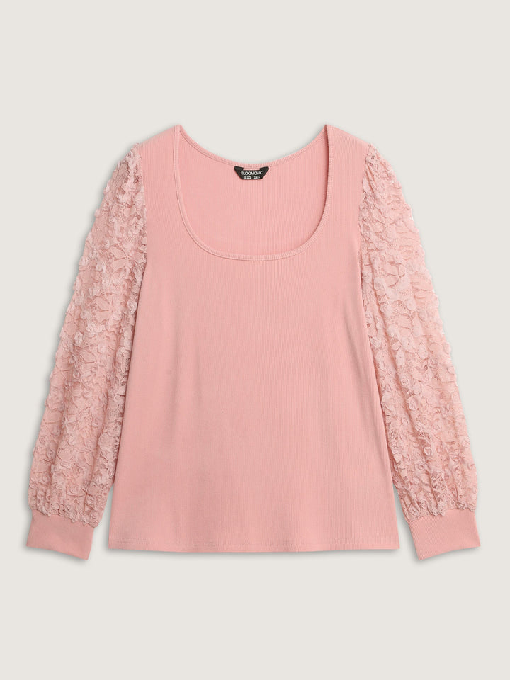 Lace Sleeve 3D Floral Knit Top