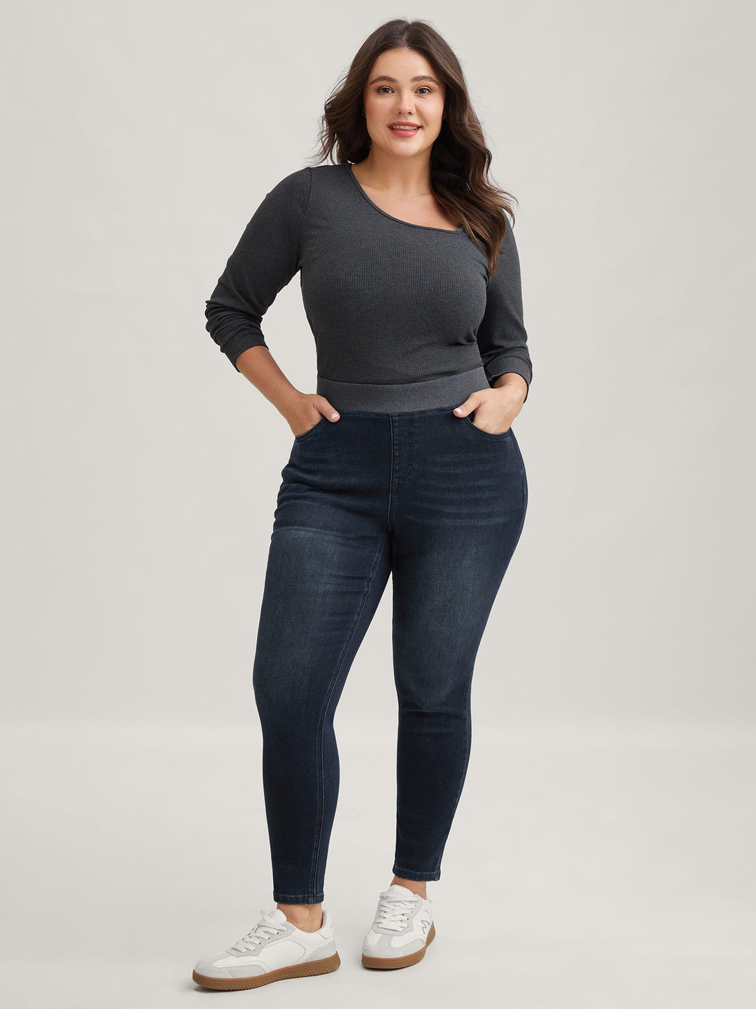 Stretchy Whiskered Waist Skinny Knit Jeans