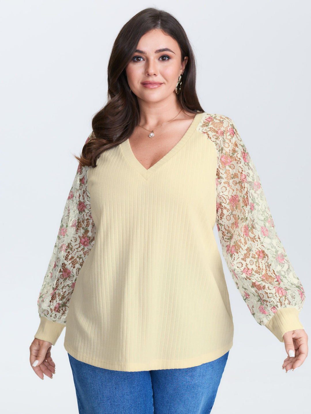 Floral Lace V-Neck Spliced Sweatshirt