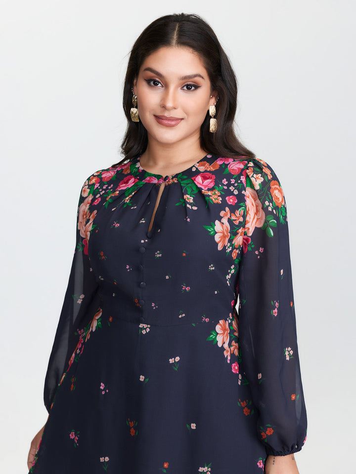 Keyhole Neckline Floral Print Midi Dress
