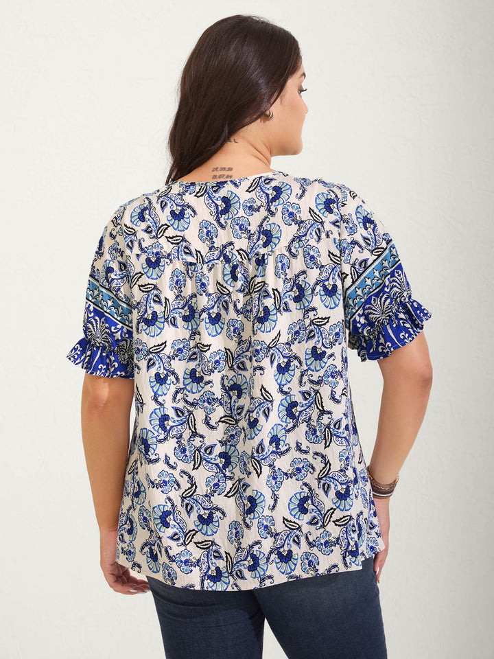 Boho Floral Print Neck Tassels Blouse