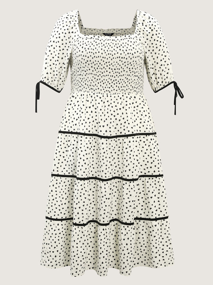 Little Heart Print Shirred Contrast Tie Midi Dress