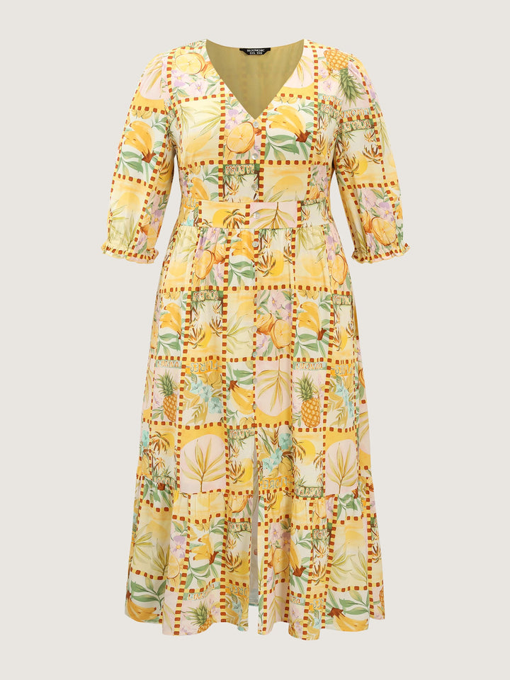 Fruity Collage Cinched Waist Slit Maxi Dress