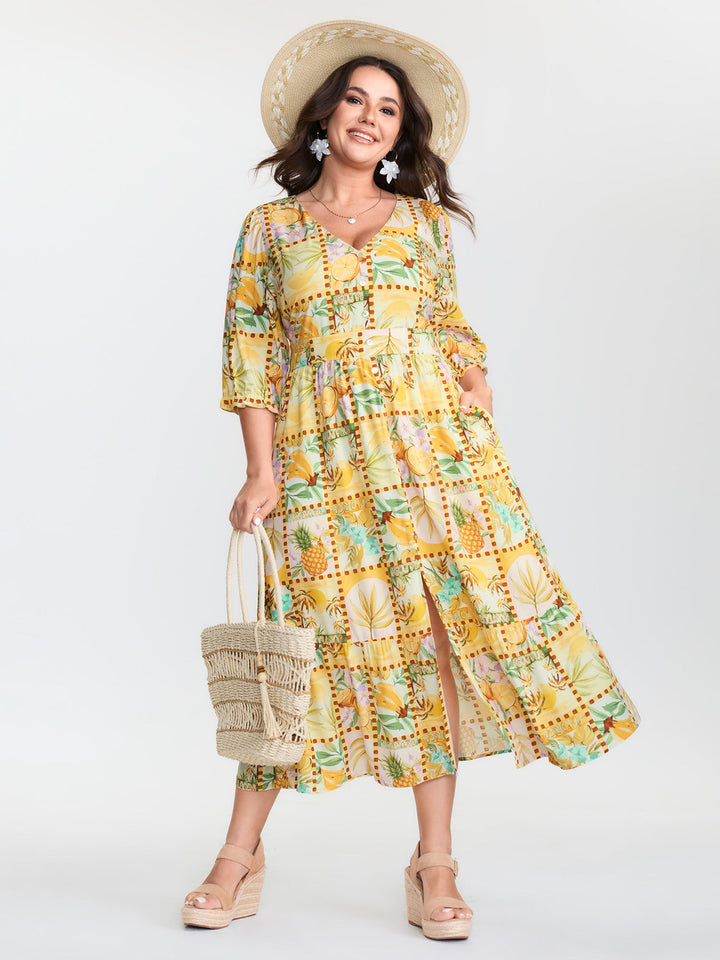 Fruity Collage Cinched Waist Slit Maxi Dress