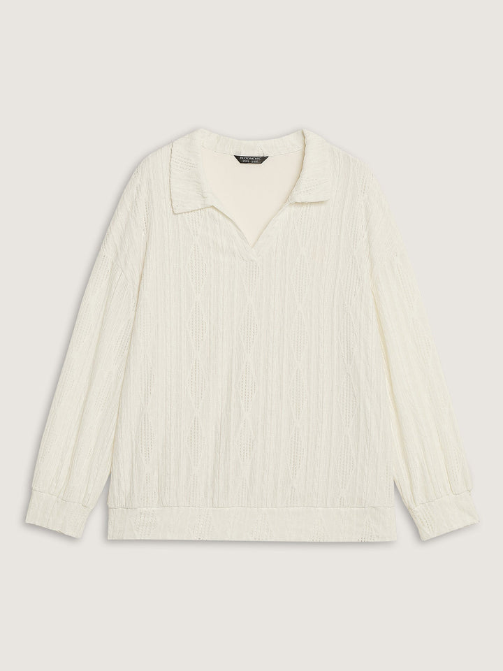 Textured Lapel Collar Stretchy Hem Sweatshirt