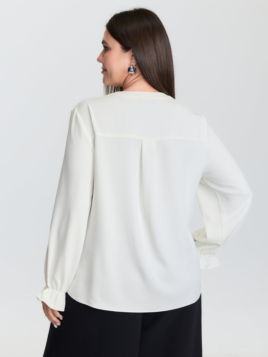 Sheer Neckline Ruffled Cuff Sleeve Blouse