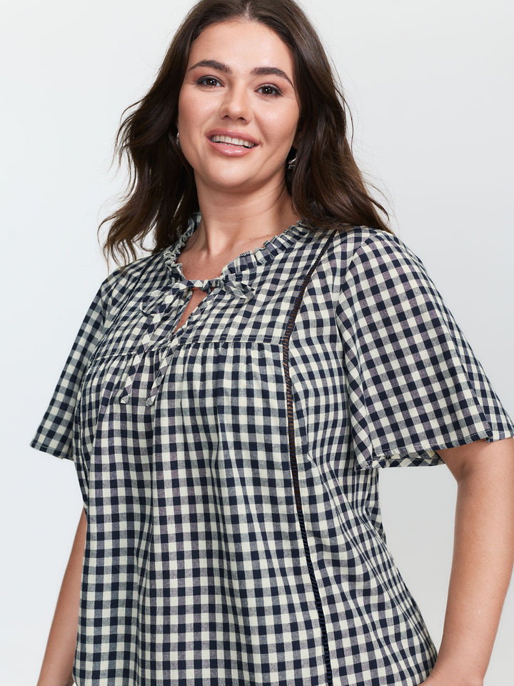 Checkered Drawstring Neckline Blouse