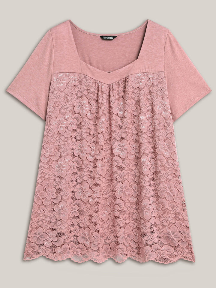 Stretchy Lace Spliced Sweetheart Plain Top