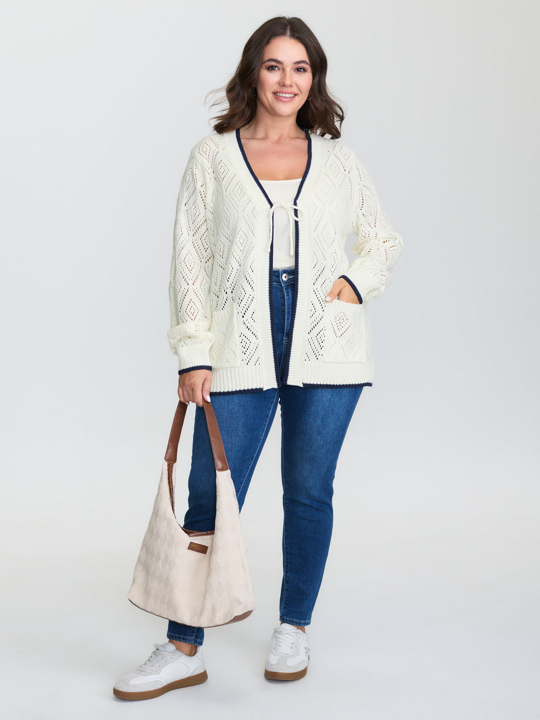 Textured Cut-Out Tie-Front Knit Cardigan
