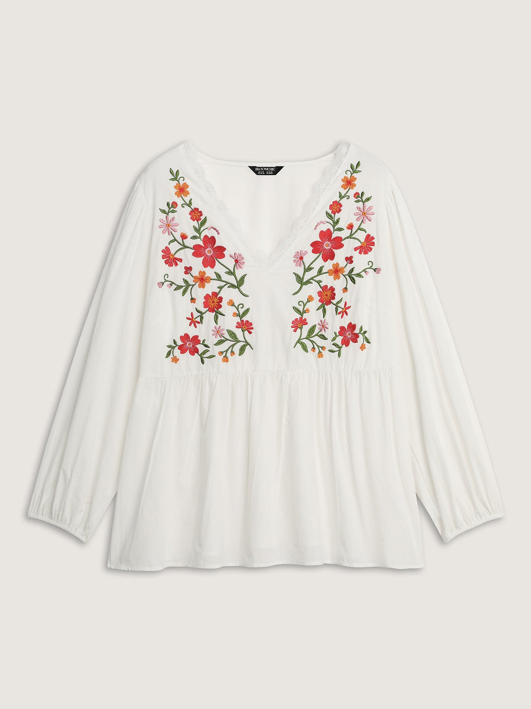 Floral Embroidered Lace Cinched Flared Blouse