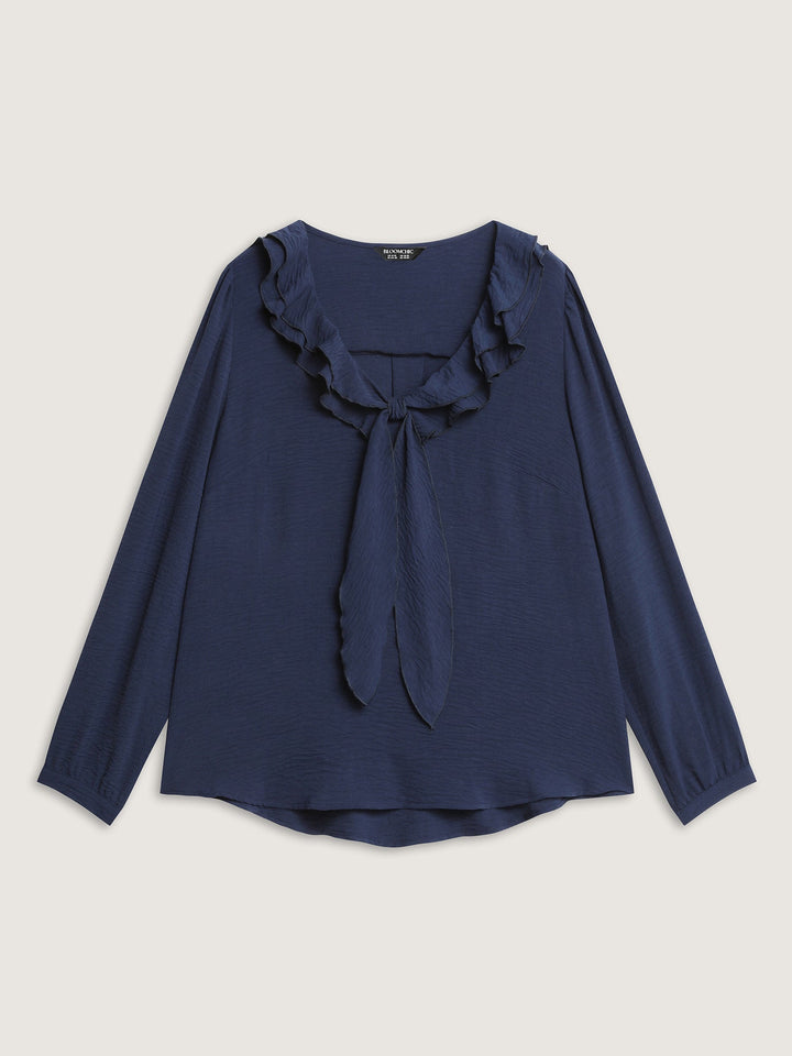 Ruffled Ribbon Neckline Pleated Blouse