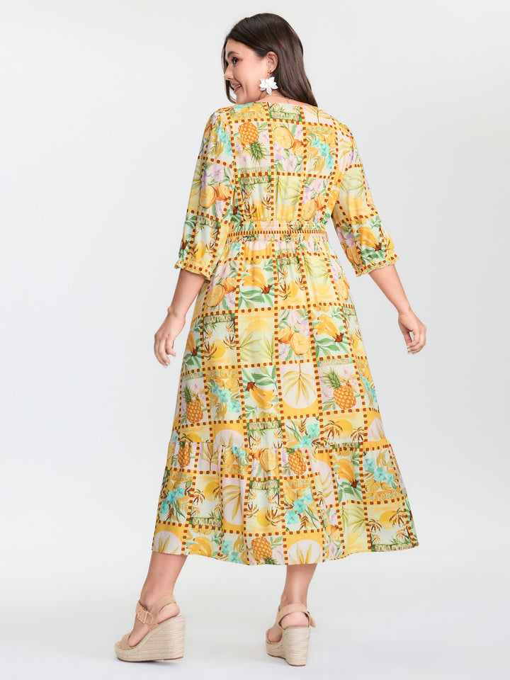 Fruity Collage Cinched Waist Slit Maxi Dress