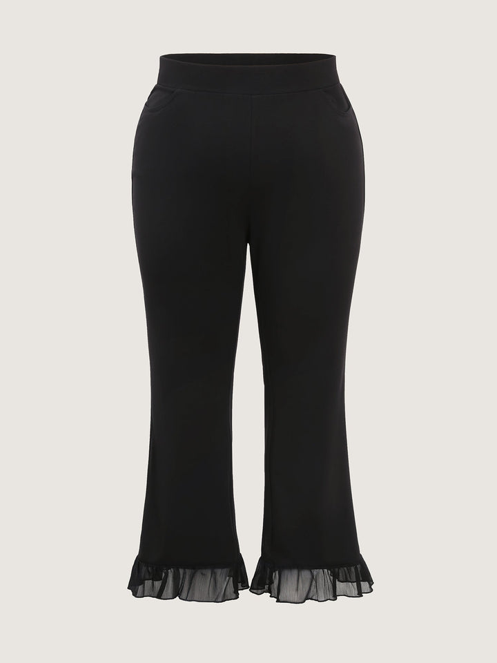 Ruffled Flared Hem Plain Pants