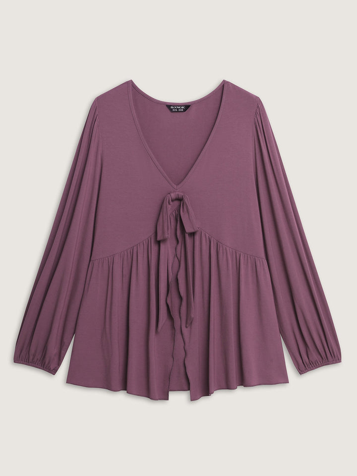 Stretchy Waistband Tie-Front Ruffled Knit Top