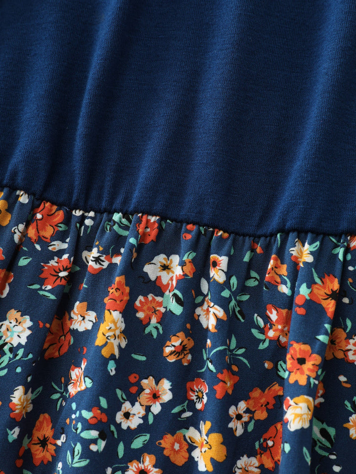Floral Patchwork Pockets Belted Midi Dress