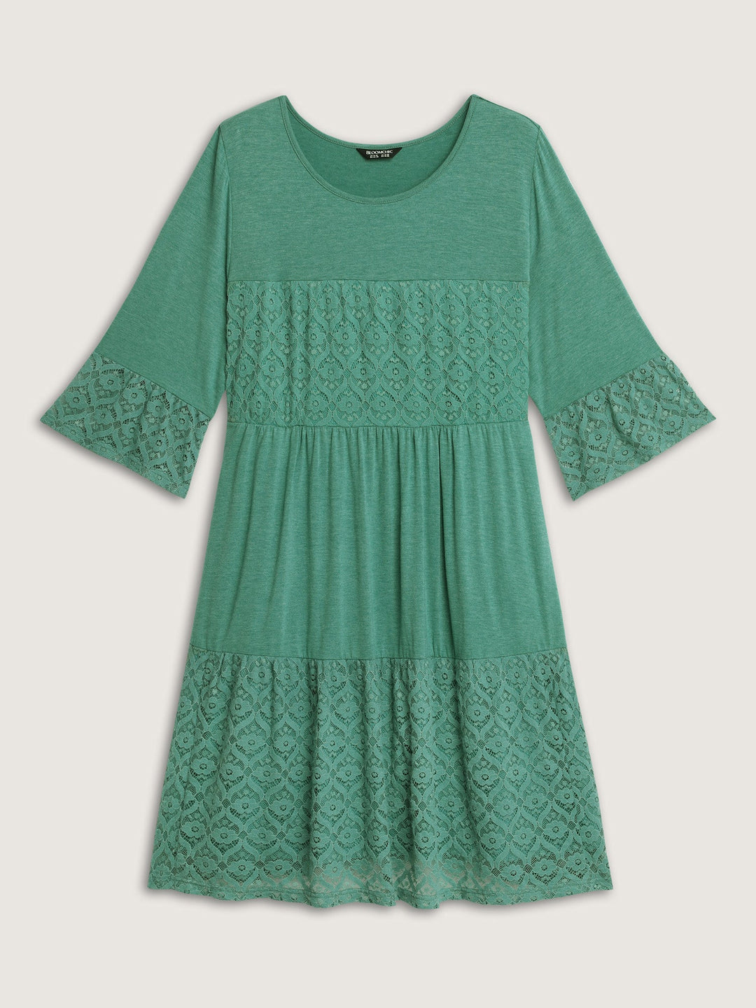 Lace Trim Tiered Sheer Sleeve Midi Dress