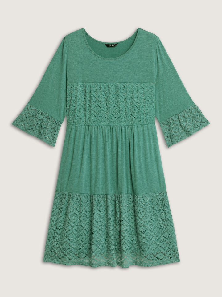 Lace Trim Tiered Sheer Sleeve Midi Dress