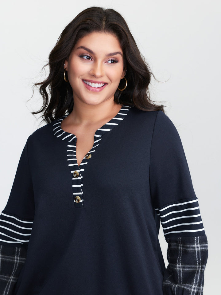Striped Plaid Split Neckline Sweatshirt
