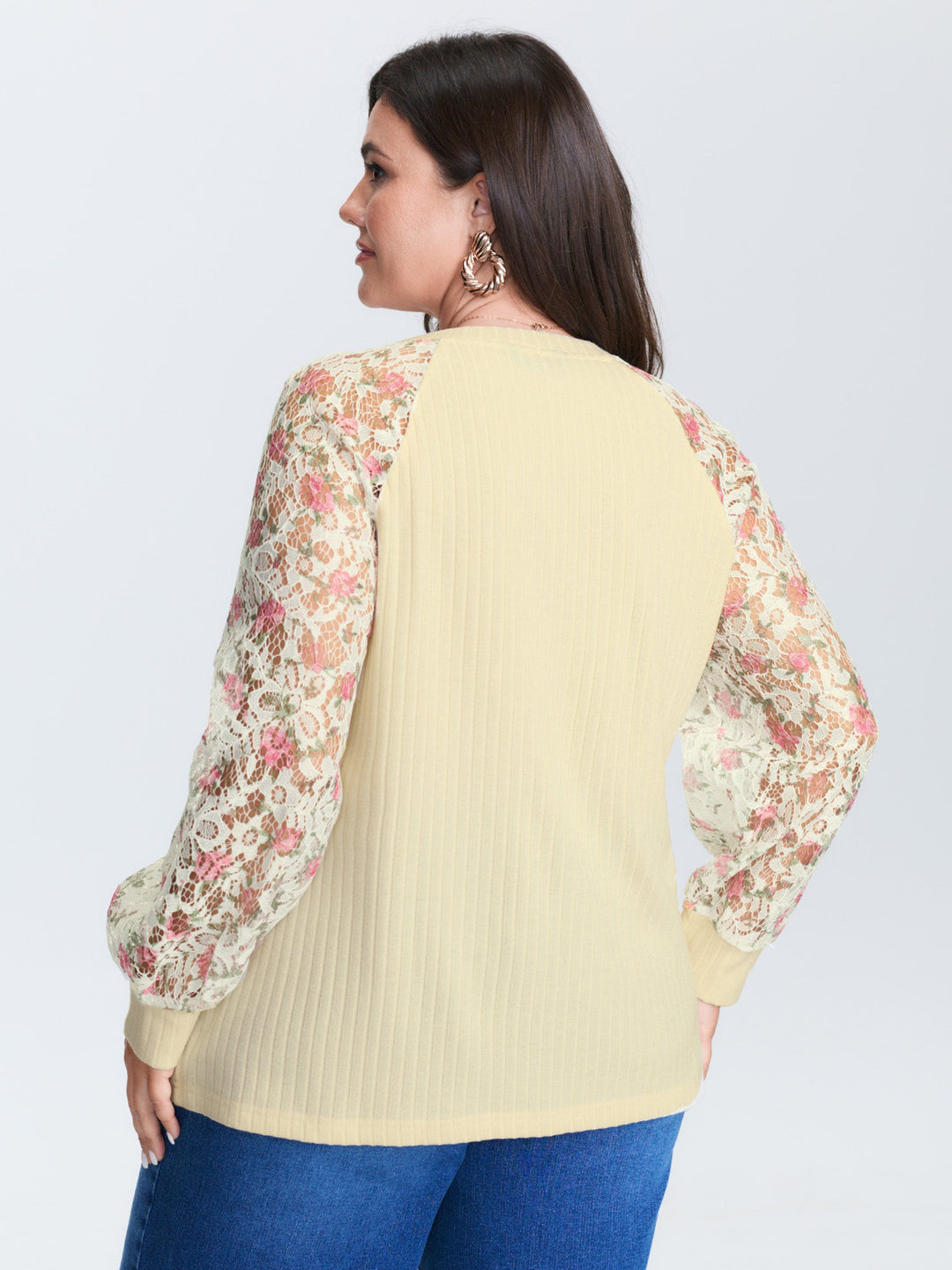 Floral Lace V-Neck Spliced Sweatshirt