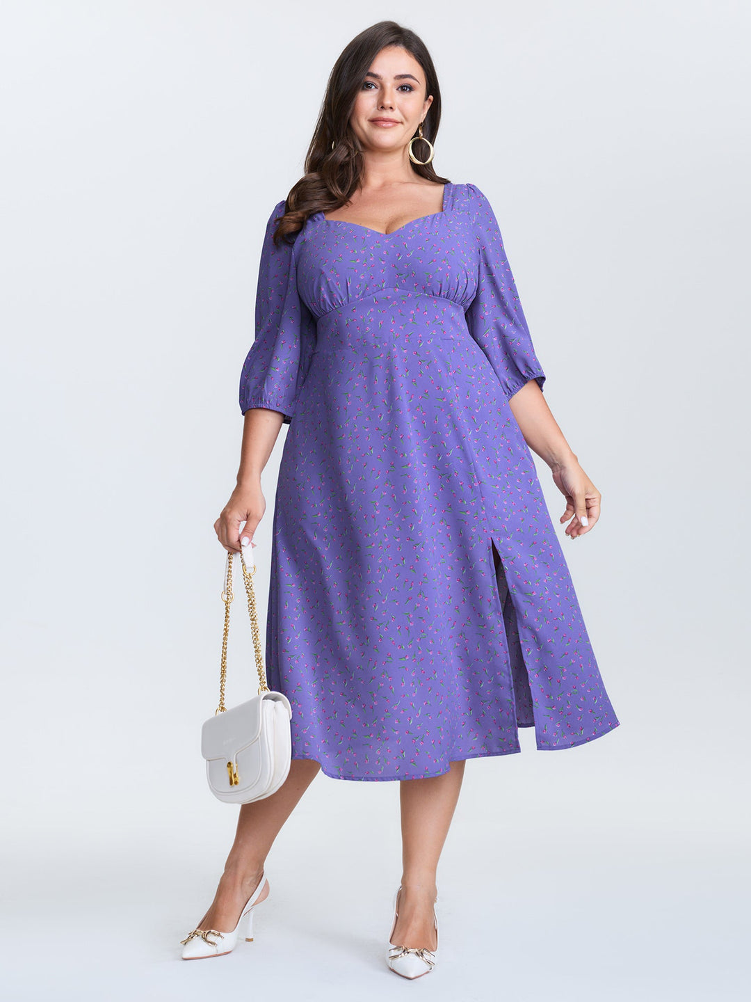 Ditsy Floral Sweetheart Neck Shirred Waist Midi Dress
