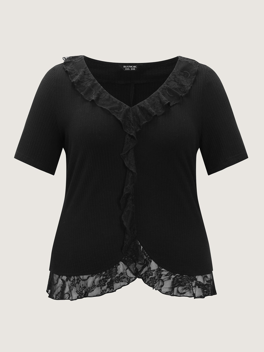 Ruffled Lace Textured Curvy Hem Jersey Top