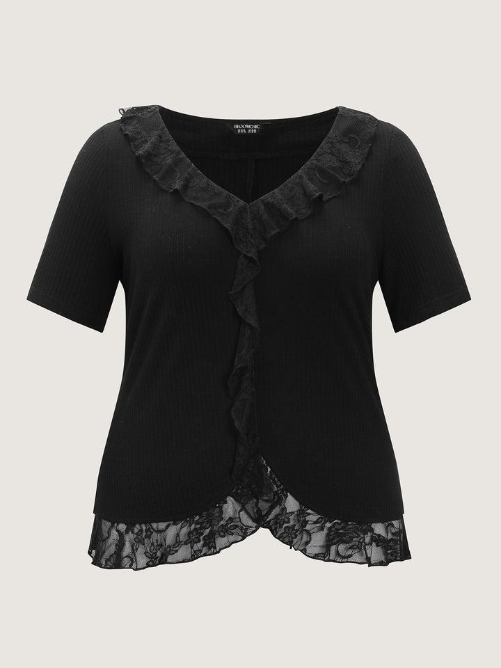 Ruffled Lace Textured Curvy Hem Jersey Top