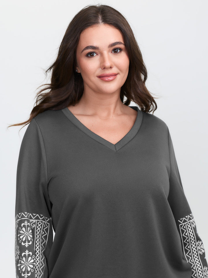 Boho Embroidered Sleeve V-Neck Sweatshirt