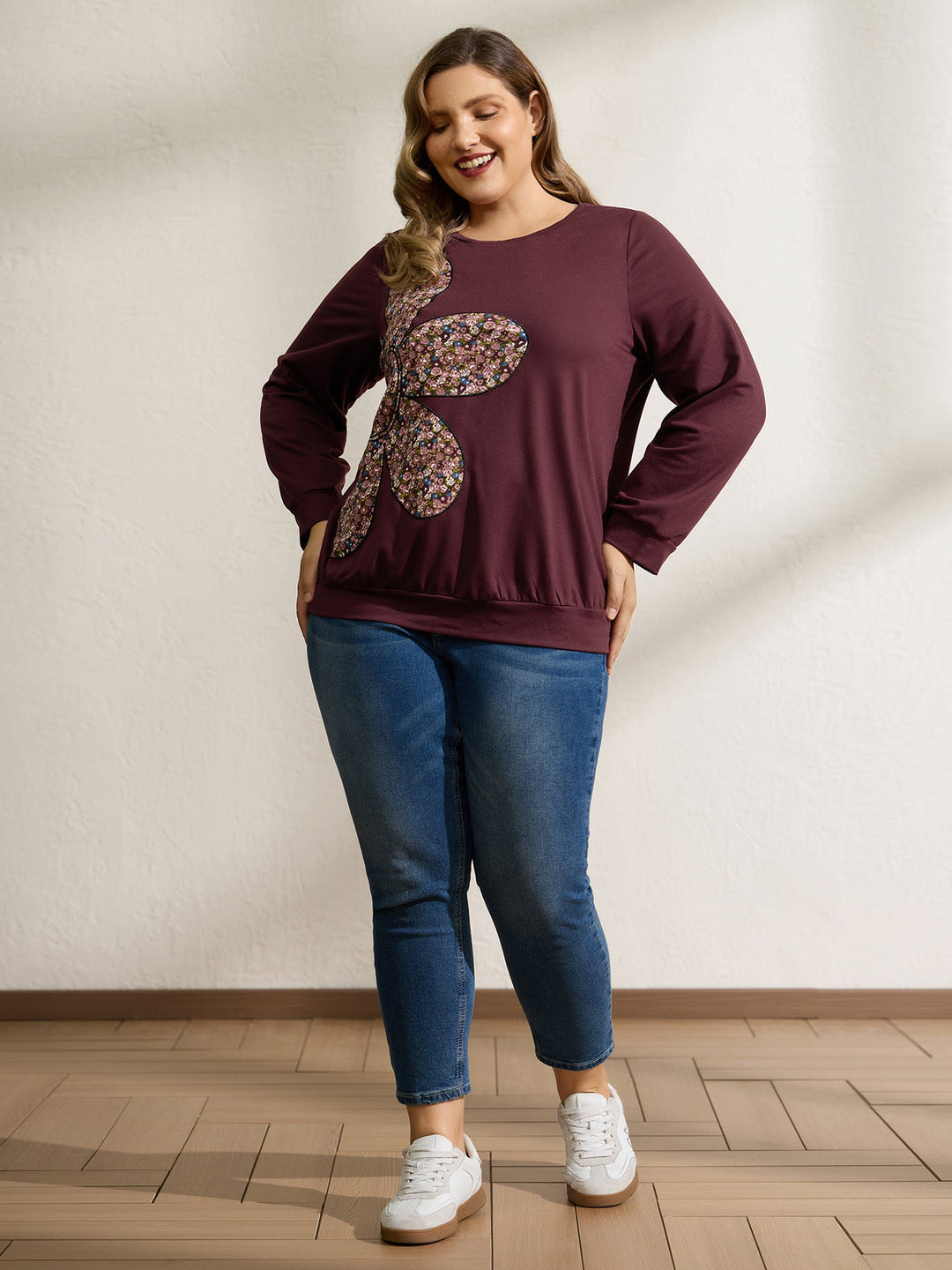 Half Floral Applique Embroidery Sweatshirt