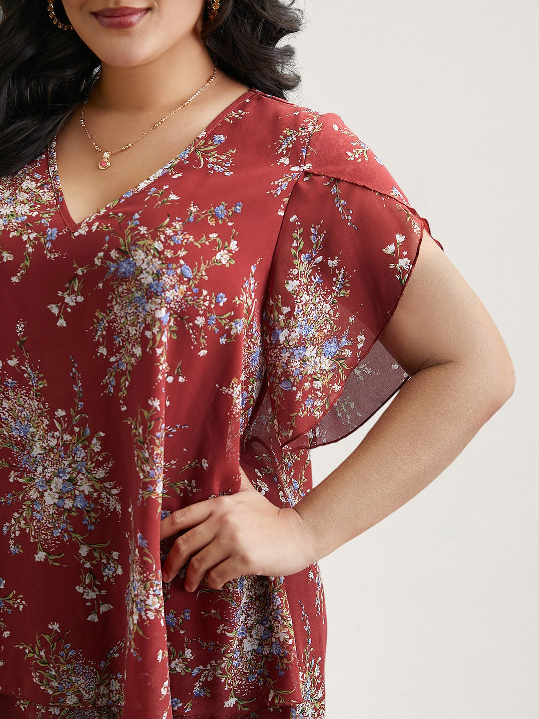 Floral Print Petal Sleeve Layered Blouse