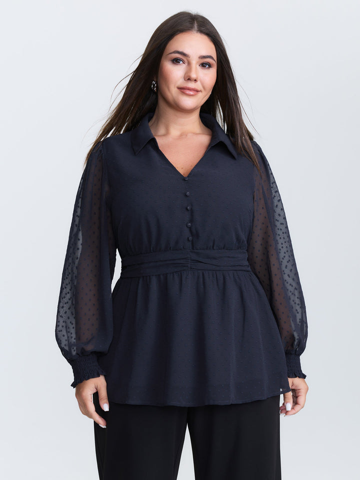 Textured Polka Dots Shirred Sheer Blouse