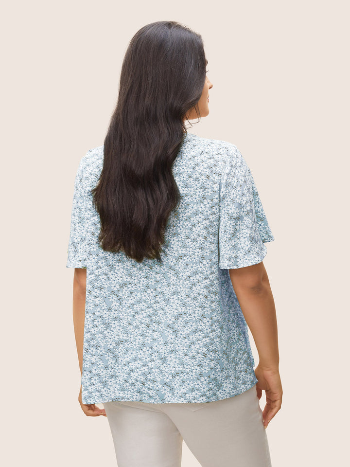 Ditsy Floral Ruffle Sleeve Gathered Ties Blouse