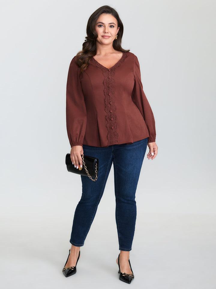 Lace Trim Cinched-Flared Blouse