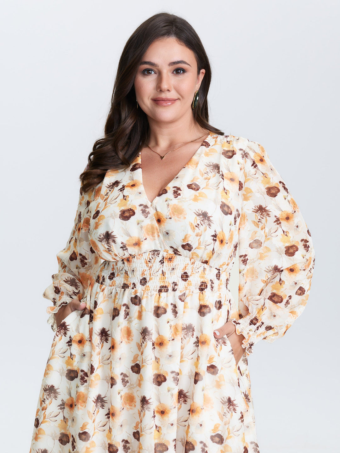Chiffon Floral Print Shirred Waist Midi Dress