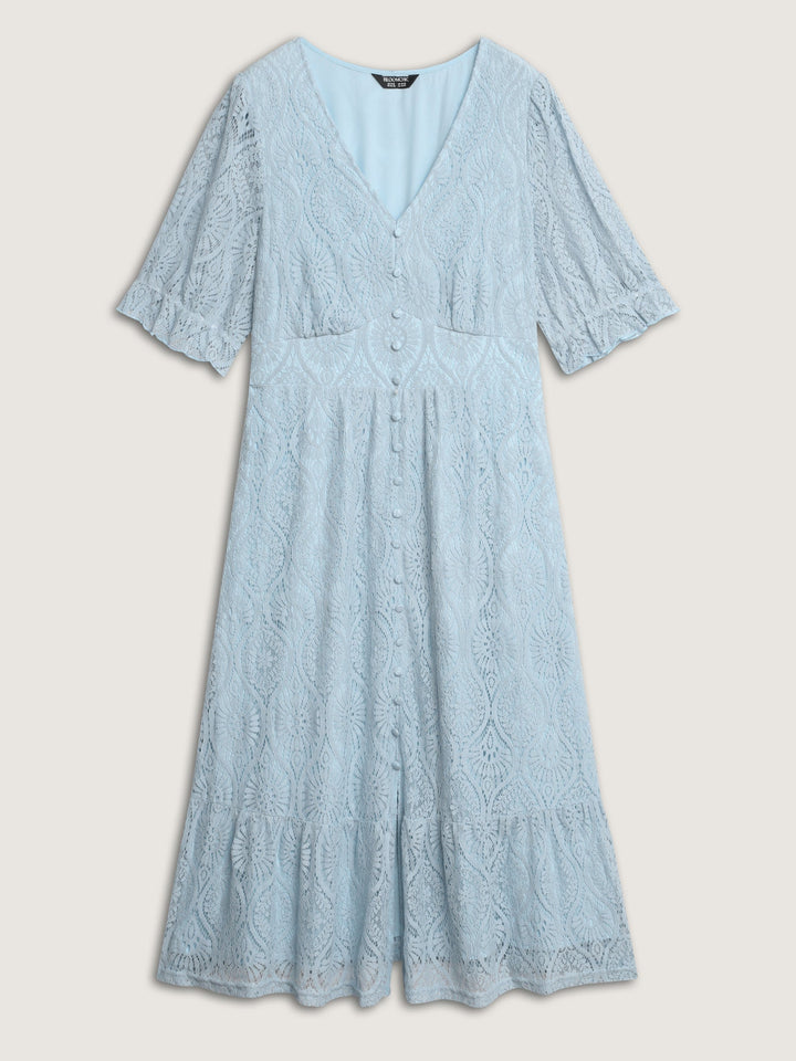Lace Trim Shirred Button Detail Midi Dress