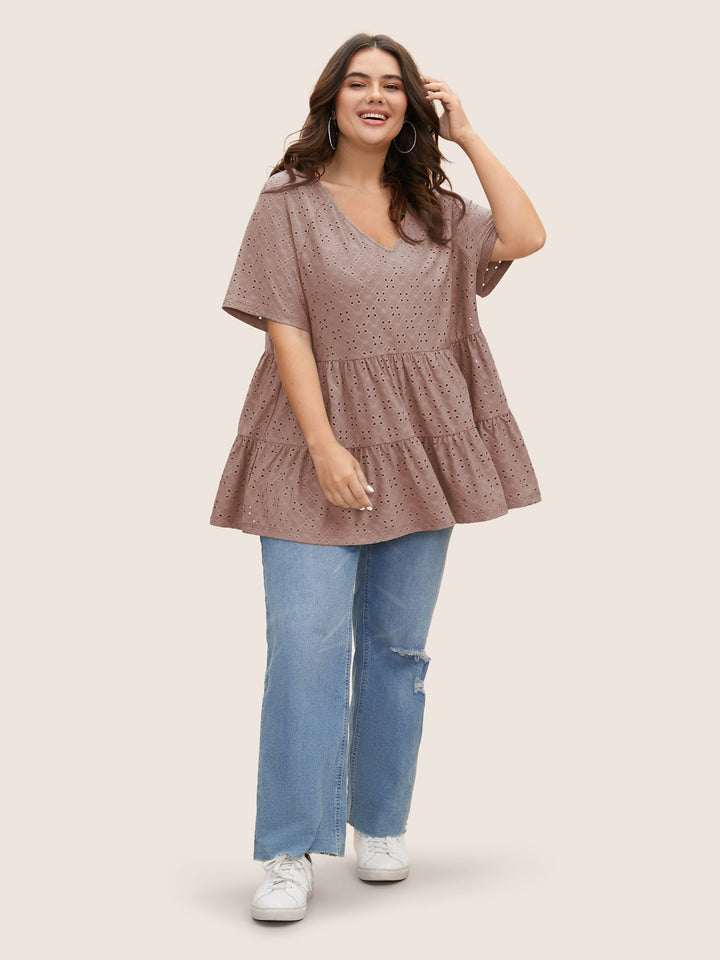 Solid Broderie Anglaise Ruffle Layered Hem T-shirt