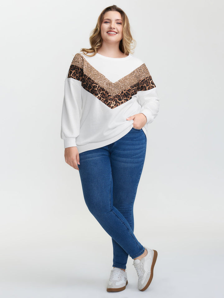 Leopard Print Sequin Contrast Sweatshirt